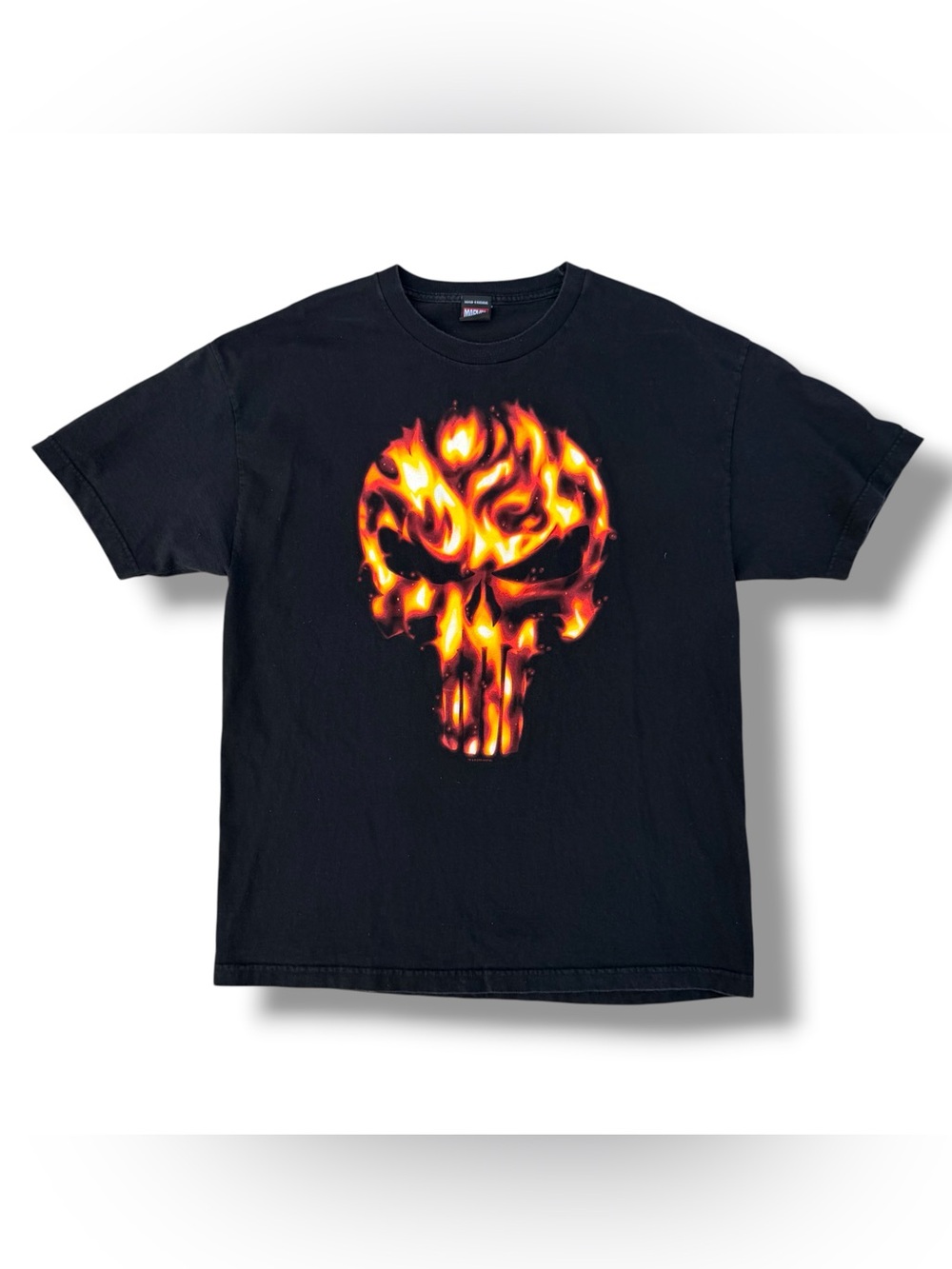 Vintage 2004 Marvel Mad Engine The Punisher Flames T-Shirt Black Size XL